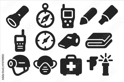 Speleology Tools Icons. Solid style icons of Speleology tools and safety: flashlight, cave compass, oxygen meter, chalk marker,