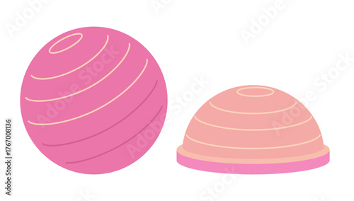 Pink fitness balance ball and half dome trainer for home workouts and stability exercises. Modern vector illustration isolated on white background, hand drawn, flat design