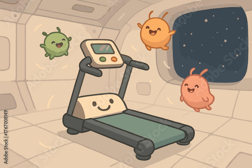 Floating Treadmill Fun. Friendly treadmill in zero-gravity simulator, tiny critters floating alongside with grins