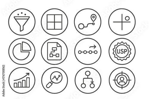 Marketing Strategy Icons. Line style round icons of marketing strategy: funnel icon, SWOT grid, customer journey, positioning map;