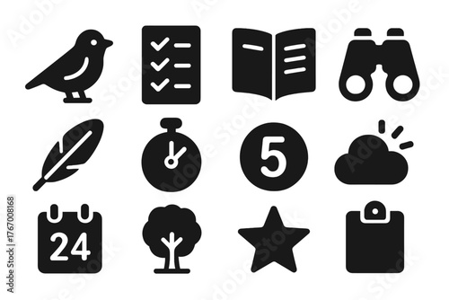 Birdwatching Journal Icons. Solid style icons of Birdwatching Journal: bird sketch, checklist page, field notes, binocular doodle,