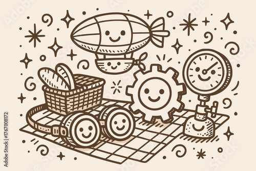 Steampunk Picnic Joy. Joyful doodle vector artwork of a steampunk picnic scene with goggles, a gear, an airship, and a pressure