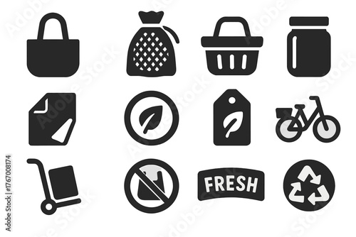 Eco Shopping Icons. Solid style icons of Eco-Friendly Shopping: reusable tote, produce bag, market basket, glass jar, paper wrap,