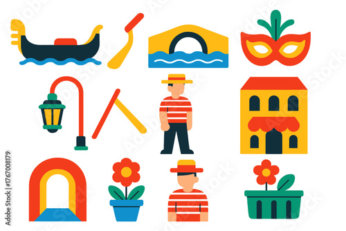 Venetian Icon Set. Flat vector icons of Gondola: Venice, canal, oar, bridge, water, mask, lantern, gondolier, building, awning,