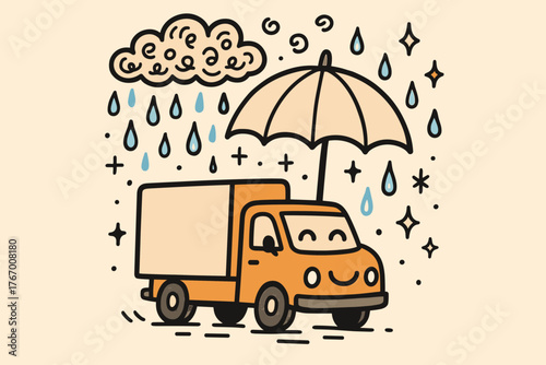Smiling Truck in Rain. Delightful doodle vector illustration of a truck holding an umbrella, smiling under a sky filled with