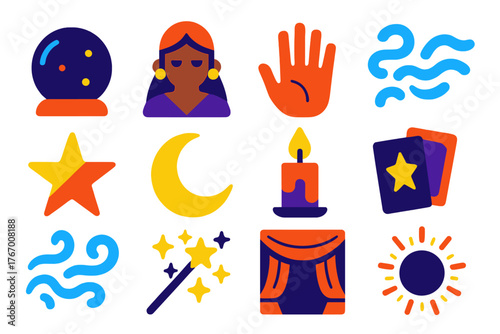 Mystical Icon Set. Flat vector icons of Mystical Reading: crystal ball, fortune teller, hand, mist, stars, moon, candle, tarot