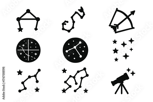 Zodiac Constellation Icons. Solid style icons of Zodiac Constellations: Libra constellation, Scorpio constellation, Sagittarius
