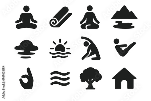 Yoga Retreat Icons. Solid style icons of Yoga Retreat: lotus position, yoga mat, meditation pose, mountain view, calm lake, rising