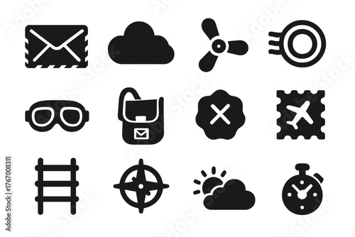 Sky Mail Icons. Solid style icons of Sky Mail: Air Mail Envelope, Cloud, Propeller, Postmark, Pilot Goggles, Mailbag, Letter Seal,