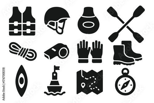 Safety Gear Icons. Solid style icons of Safety Gear: Life Jacket, Helmet, Spray Skirt, Paddle, Rope, Whistle, Gloves, Boots, Kayak