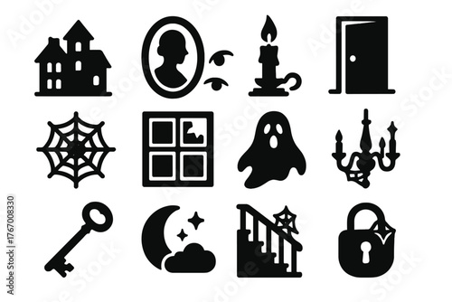 Mystery Mansion Icons. Solid style icons of Mystery Mansion: Shadow, Portrait Eyes, Candlestick, Creaking Door, Spider Web, Broken