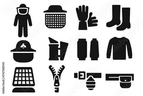 Beekeeper Safety Gear Icons. Solid style icons of Beekeeper safety and clothing: full-body suit, mesh veil, leather gloves, boots,