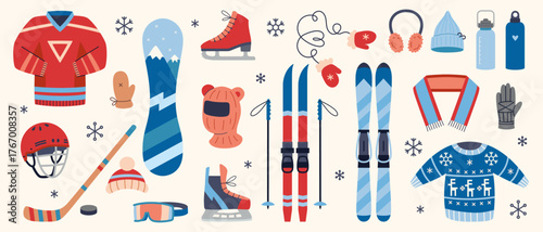 Winter sports equipment set with skis, snowboard, hockey gear, skates and warm clothes. Outdoor activity and recreation concept. Trendy modern vector isolated illustration, hand drawn, flat design