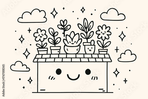 Smiling Rooftop Garden. Whimsical doodle vector illustration of a smiling rooftop garden filled with tiny happy plants, surrounded