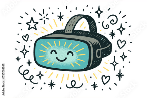 Whimsical VR Delight. Whimsical doodle vector illustration of a smiling VR headset glowing with sparkly doodle lines, surrounded