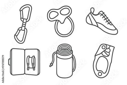 Climbing Gear Icons. Line style icons of climbing gear: quickdraw, belay device, climbing shoes, crash pad, rope bag, ascender. No