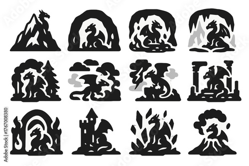 Dragon Lair Icons. Solid style icons of Dragon lair environments: mountain peak, cave entrance, molten core, icy cavern, dark