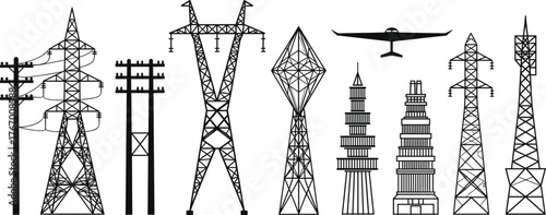 Electrical tower silhouette, utility pole, transmission line, power grid, energy infrastructure, airplane icon, pagoda building, lattice tower, engineering structure, architecture