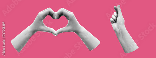 Together vintage heart love with korean hand like halftone. Media graphic shape and retro concept form