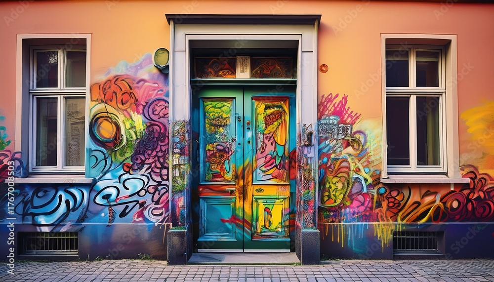 Naklejka premium street art in berlin door and house entrance painted with graffiti