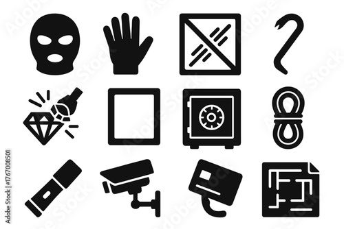 Stealth Mission Icons. Solid style icons of Stealth Operation: Mask, Gloved Hand, Laser Grid, Crowbar, Diamond Cutter, Empty Frame