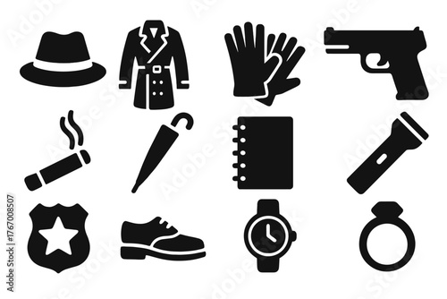 Noir Style Icons. Solid style icons of Noir Accessories: Fedora, Trench Coat, Gloves, Pistol, Cigarette, Umbrella, Notebook,