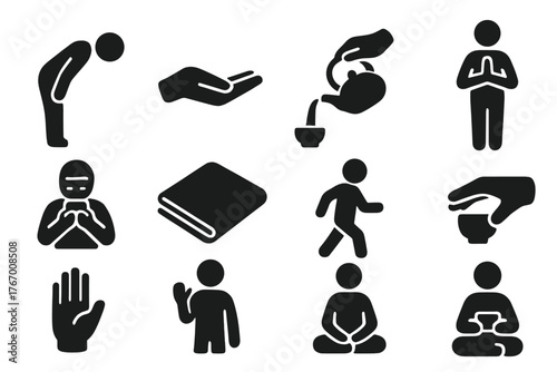 Ceremonial Icon Set. Solid style icons of Ceremonial gestures and symbols: bowing guest, open palm, slow pour, respectful posture,