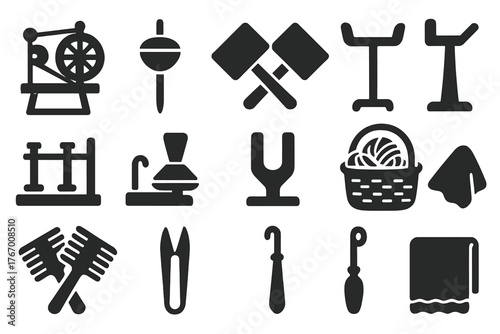 Homemade Yarn Tools. Solid style icons of Homemade Yarn Tools: tabletop wheel, drop spindle, hand carders, niddy noddy, lazy kate,