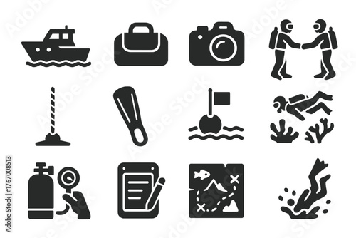 Diving Expedition Icons. Solid style icons of Diving Expedition: dive boat, gear bag, underwater camera, buddy system, descent