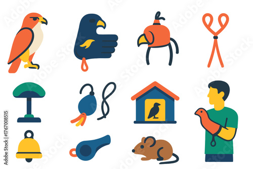 Raptor Handling Icons. Flat vector icons of Raptor Handling: falcon, glove, hood, jess, perch, lure, mews, tether, bell, whistle,