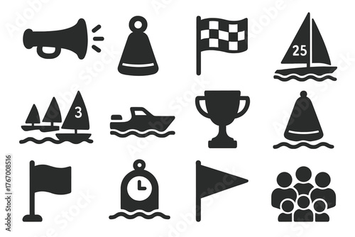 Sailing Regatta Icons. Solid style icons of Regattas and sailing events: starting horn, race buoy, finish flag, sail number, fleet