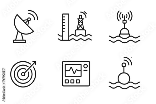 Ocean Monitoring Icons. Line style icons of ocean monitoring: satellite dish, tide gauge, weather buoy, drifting buoy, radar, data