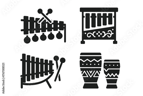 Global Xylophone Collection. Solid style icons of Global and cultural xylophones: balafon, gamelan bars, wooden keys with gourd