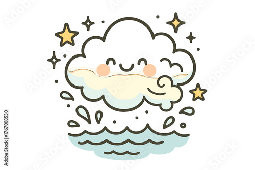 Joyful Misty Cloud. Adorable doodle vector design of a friendly mist cloud puffing happily above the water, surrounded by doodle
