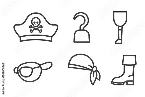 Pirate Crew Icons. Line style icons of pirate crew: captain hat, hook hand, peg leg, eye patch, bandana, boot. No text, No labels,