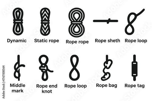 Climbing Rope Icons. Solid style icons of Climbing rope types and features: dynamic rope, static rope, coiled rope, rope sheath,