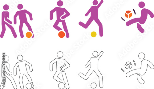 Dynamic Football (Soccer) Player Icon Set: Dribbling, Kicking, and Tackling (Solid Silhouette and Outline)