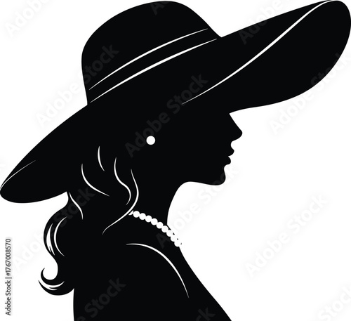Elegant woman silhouette, wide brim hat fashion, pearl necklace jewelry, vintage profile portrait, stylish feminine beauty, classic retro illustration art