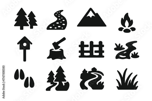 Outdoor Adventure Icons. Solid style icons of Outdoor cabin surroundings: pine trees, gravel path, mountain peak, birdhouse, axe