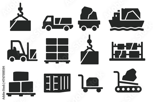 Stone Transport Icons. Solid style icons of Stone Transport: crane lifting block, truck loaded with slabs, rail cart with stone,