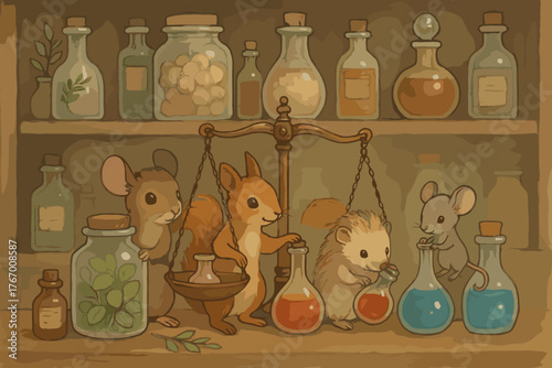 Whimsical Apothecary Helpers. Adorable apothecary counter scene with jars, scales, potions, and little critters helping