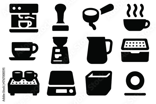 Espresso Bar Icons. Solid style icons of Espresso bar essentials: coffee machine, tamper, portafilter, steam, espresso shot,