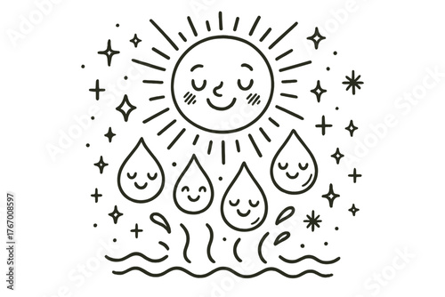 Sun and Evaporating Droplets. Whimsical doodle vector illustration of a smiling sun helping evaporation, with happy water droplets