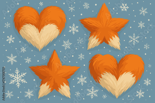 Fox Fur Patterns. Cartoon fox fur patterns forming hearts and stars, snowflakes landing gently on top