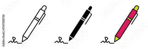 A modern flat-style signature pen line icon in colored, filled, and stroke design. Represents signing, writing, and official documentation. Perfect for websites, apps, infographics, and presentations.