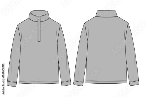 Fashion Flat of a Gray Quarter Zip Top.
activewear, appGrey Men's Long Sleeve Half Zip Sweatshirt Design.
Sporty Mock Neck Zippered Jumper Vector Art.
Gray Quarter Zip Pullover Technical Flat Sketch.
