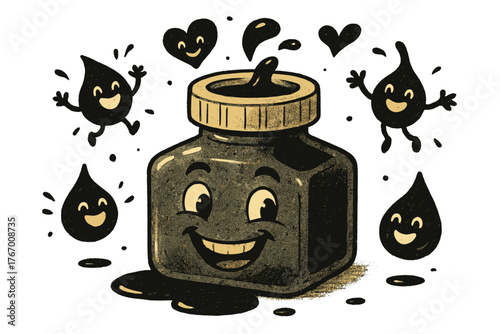 Smiling Ink Well. Friendly inkwell with a grin, little drops of ink forming happy shapes around it