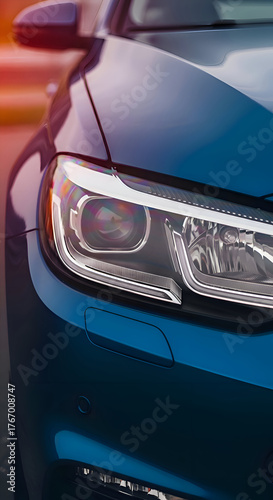 Close up of a modern blue car headlight with a sleek design and led lights, showcasing automotive engineering
