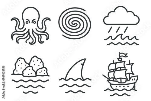 Sea Danger Icons. Line style icons of sea dangers: kraken, whirlpool, storm cloud, reef rocks, shark fin, ghost ship. No text, No