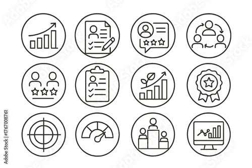 Performance Evaluation Icons. Line style round icons of performance evaluation: KPI graph, review sheet, feedback icon, 360 review